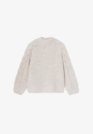 Pull en tricot rose clair avec des manches en tricot torsadé, un col rond côtelé et une coupe ample avec une texture douce sur l'ensemble.