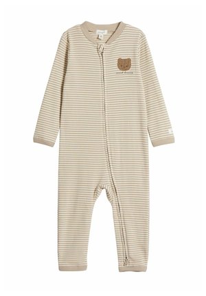 Bodysuit rayé beige et crème à manches longues, avec un motif d'ours et une fermeture éclair à l'avant. Fabriqué en tissu doux avec un aspect texturé.