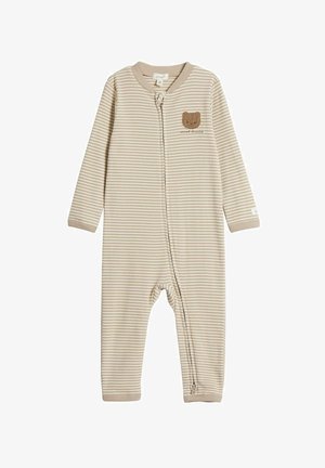 Beige and cream-striped onesie with long sleeves, featuring a bear motif and a front zipper closure. Made of soft fabric with a textured feel.
