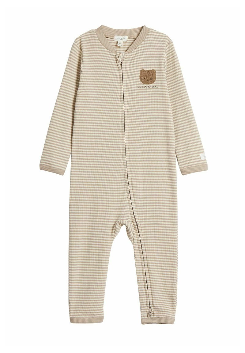 Beige och krämrandig overall med långa ärmar, med ett björnmotiv och en dragkedja fram. Tillverkad av mjukt tyg med en strukturerad känsla.
