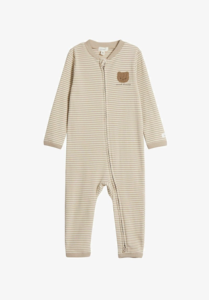 Beige og creme-stribet pude med lange ærmer, med et bjørnemotiv og en frontlynlås. Lavet af blødt stof med en struktureret overflade.