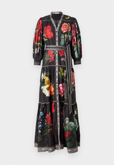 Rochie maxi florală din material negru cu mâneci bufante, talie cu bretele și ornamentație decorative. Prezintă modele colorate cu flori pe toată suprafața.