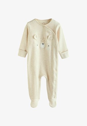 Crèmekleurig babypakje met lange mouwen, drukknopen en een berengezicht ontwerp aan de voorkant. Gemaakt van zachte katoen met voetjes.