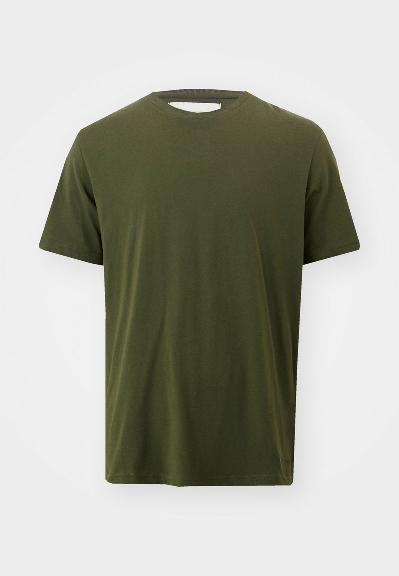 Olive green, short-sleeved t-shirt made of cotton. Crew neck design with a smooth texture and minimal stitching details.