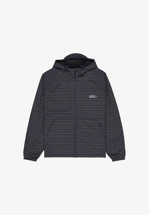 Czarna kraciasta kurtka zapinana na zamek z kapturem, elastycznymi mankietami, dwoma przednimi kieszeniami i małym logo "element" na piersi.