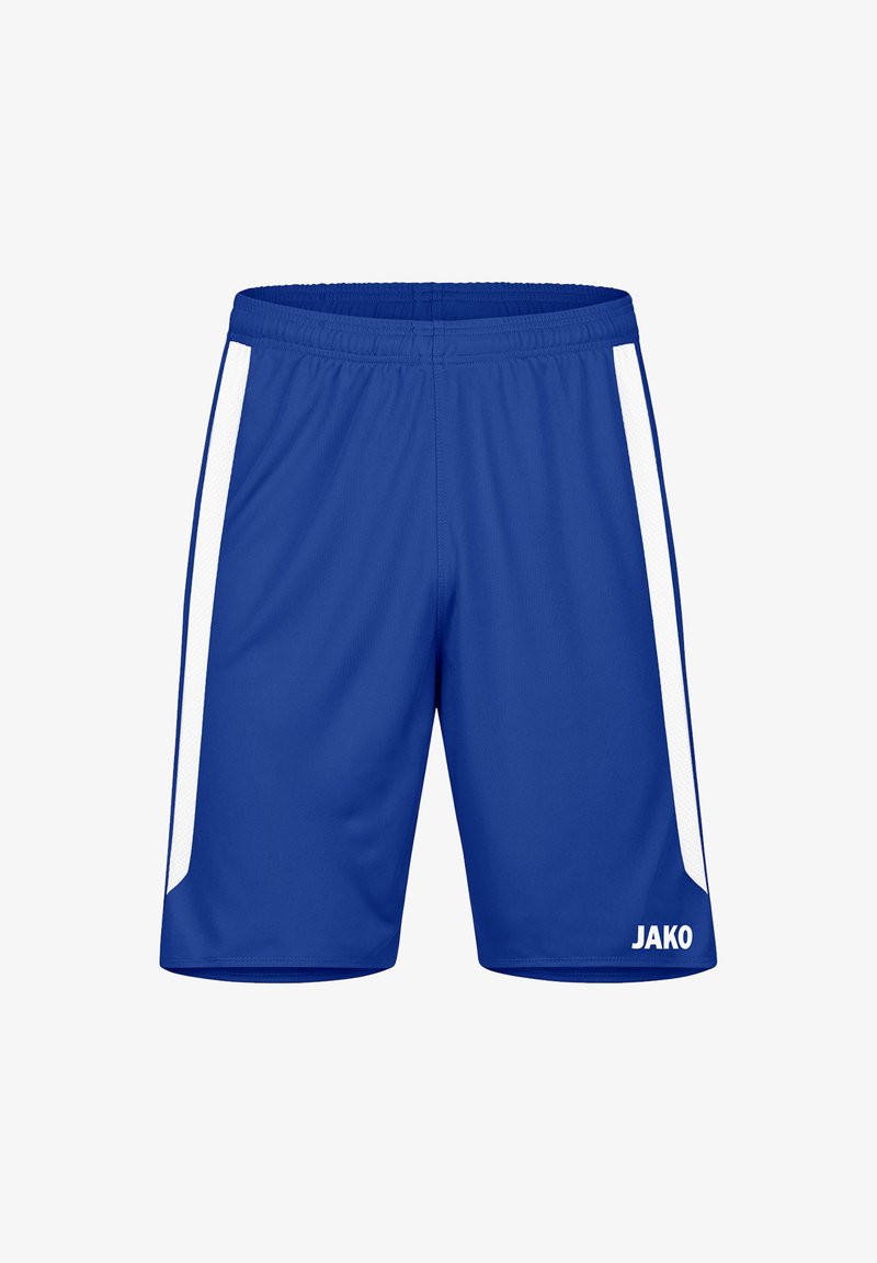 Shorts de sport bleus avec des accents blancs sur les côtés, une taille élastique et une texture lisse ; logo "JAKO" sur le côté droit en bas.