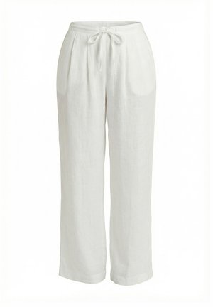 Bílé široké lněné kalhoty s elastickým pasem a šňůrkou vpředu, zobrazené na jednobarevném pozadí.
