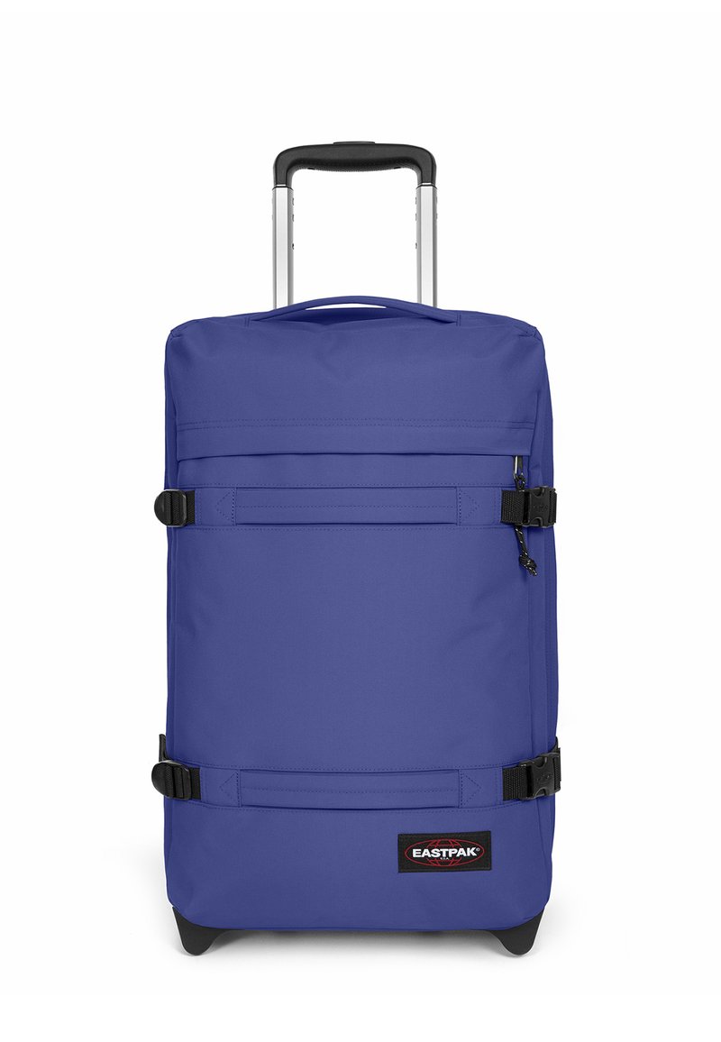 Blå resväska med hjul, teleskophandtag, justerbara remmar och två framfickor. Tillverkad av slitstarkt tyg med matt yta.