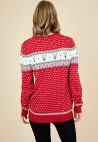 Czerwony sweter z dzianiny z białym, niebieskim i zielonym wzorem w okolicy dekoltu; zdobiony motywami reniferów oraz ribbowym wykończeniem; długie rękawy i klasyczny krój.