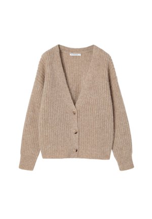 Cárdigan de punto beige con escote en V, mangas largas y cinco botones de madera en la parte delantera. Tela texturada con un corte relajado.