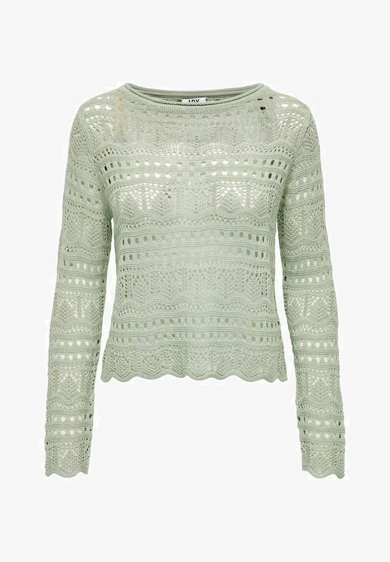 Light green, long-sleeve sweater made of a textured knit fabric. Features openwork patterns and a scalloped hem. Rounded neckline.
