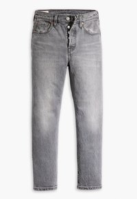 Jeans de mezclilla gris con un acabado ligeramente desgastado, cierre de botón, cinco bolsillos y un diseño de pierna recta relajada.