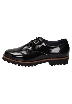 Chaussure élégante noire en cuir verni à lacets, semelle rainurée et bordure marron le long du bord, vue de profil sur fond blanc.