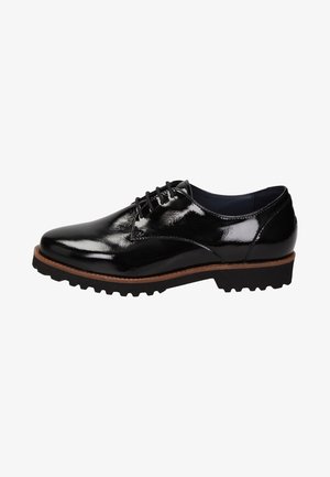 Chaussure élégante noire en cuir verni à lacets, semelle rainurée et bordure marron le long du bord, vue de profil sur fond blanc.