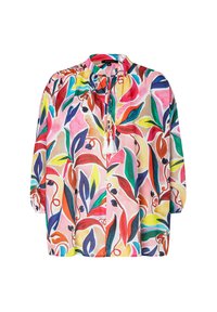 Farbige Bluse mit einem floralen Muster in lebhaften Schattierungen von Pink, Grün, Blau und Orange, mit einem runden Halsausschnitt und dreiviertel Ärmeln.