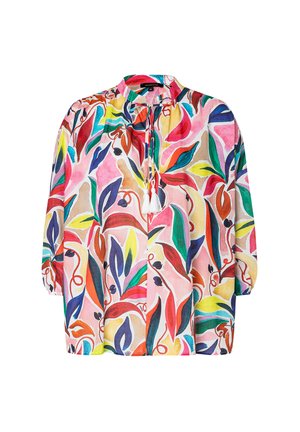 Farbige Bluse mit einem floralen Muster in lebhaften Schattierungen von Pink, Grün, Blau und Orange, mit einem runden Halsausschnitt und dreiviertel Ärmeln.