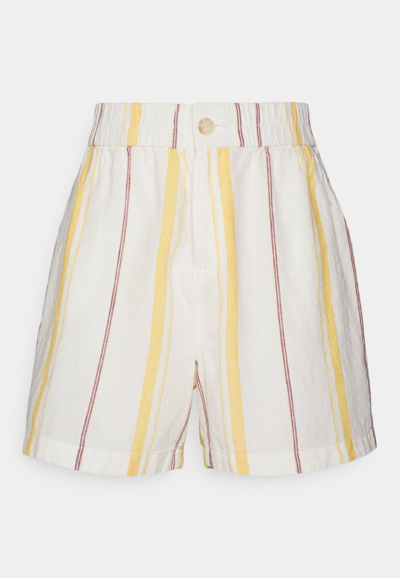Short blanc taille haute avec des rayures verticales jaunes et marron et une fermeture à bouton unique à la taille.