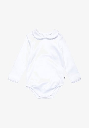 Wit longsleeve bodysuit met een geschulpt kraag, gemaakt van zachte stof. Voorzien van drukknopen aan de onderkant voor gemakkelijk aan- en uittrekken.