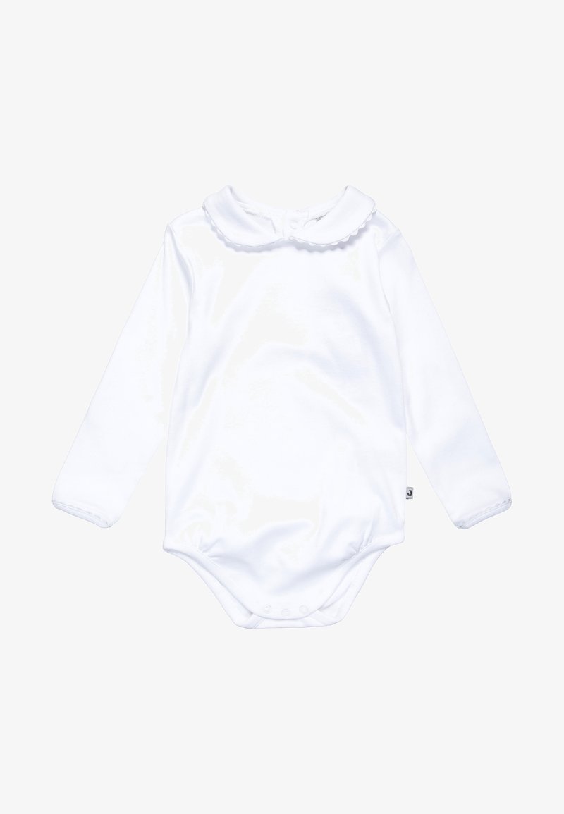Bodysuit blanc à manches longues avec un col à volants, fabriqué en tissu doux. Dispose de fermetures à pression à la base pour un habillage facile.