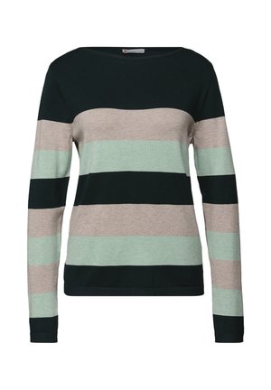 Sweter z długimi rękawami, w poziome paski w ciemnozielonym, jasnozielonym i beżowym kolorze. Wykonany z miękkiej, teksturowanej dzianiny.