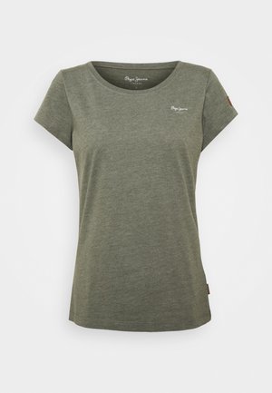 Damska oliwkowo-zielona koszulka z krótkim rękawem, okrągłym dekoltem i małym białym logo Pepe Jeans na piersi oraz wewnętrznej stronie kołnierza.