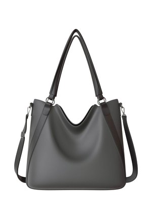 Grey leather handbag with two black shoulder straps and an adjustable crossbody strap, displayed against a white background.