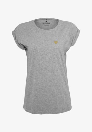 Grey short-sleeve t-shirt in a soft material, featuring a small gold heart design on the left chest area and a round neckline.
