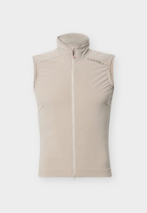 Beige mouwloos fietsvest met volledige ritssluiting aan de voorkant en hoge kraag, voorzien van een klein "Castelli" logo op de rechterschouder.