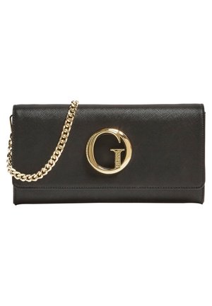 Pochette en cuir noir avec surface texturée, bandoulière chaîne dorée et grand logo doré "G" sur le rabat avant.