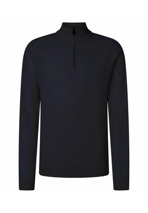Sort langærmet sweater med høj ribkrave og kort frontlynlås, ribstrikkede manchetter og kant, vist på hvid baggrund.