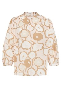 Blusa a maniche lunghe color pesca chiaro con ampio motivo floreale beige e bianco. Presenta un colletto alla coreana e una patta con bottoni. Morbido tessuto di cotone.