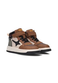 Bruine hoge sneakers met zwarte accenten, gestructureerde materialen, klittenbandsluiting en een opvallend logo aan de zijkant. Rubberen zool met grip.