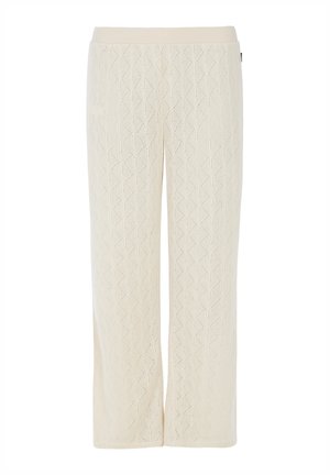 Crèmegekleurde gebreide broek met een ruitpatroon, rechte snit, elastische tailleband en ademende textuur.