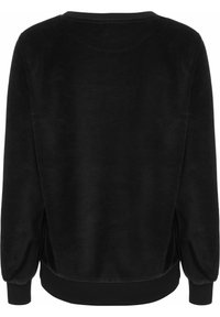 Sudadera de forro polar negra, cuello redondo, mangas largas con puños fruncidos y dobladillo acanalado. Textura suave con un aspecto liso y uniforme.