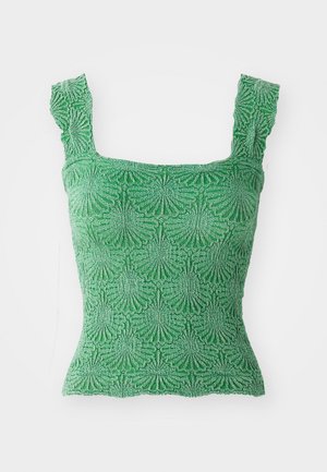 Zelený, priliehavý top s texturovanou výšivkou, štvorcovým výstrihom a volánkovými ramienkami. Obsahuje kvetinový vzor po celom povrchu.