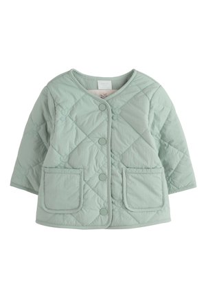 Világoszöld, steppelt baba kabát kerek nyakkivágással, patentos záródással és két elülső foltzsebbel.