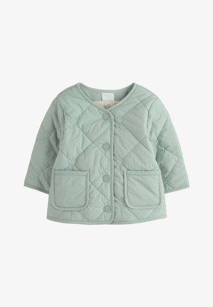 Lysegrøn, quiltet babyjakke med rund hals, knaplukning og to frontlommer.