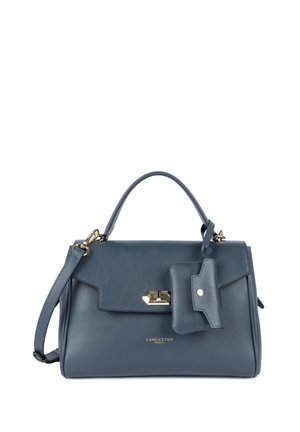 Borsa a mano in pelle blu con manico superiore, tracolla staccabile, chiusura dorata e piccola pochette allegata, marchiata Lancaster Paris.