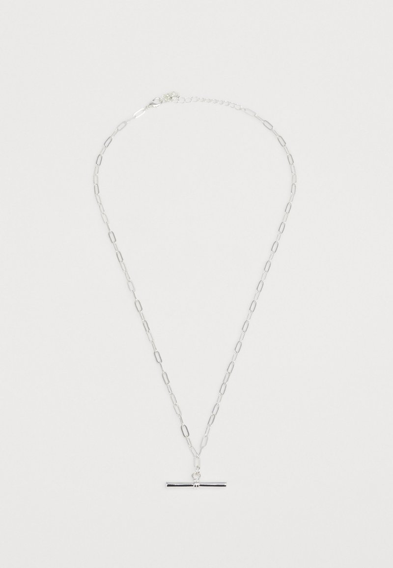 Silberne Halskette mit elongated Kettengliedern und einem eleganten Bar-Pendant, das eine glatte Textur und polierte Oberfläche aufweist. Verstellbarer Verschluss.