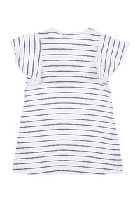 Tunika in cotone con maniche corte e arricciate. Presenta righe orizzontali nere su uno sfondo bianco, texture morbida e una forma rilassata.