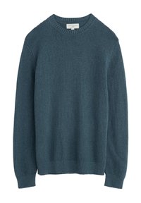 Pull en maille dans un bleu sarcelle foncé, avec un tissage texturé, un col rond, des poignets et un ourlet côtelés. Pas de logos ou motifs visibles.
