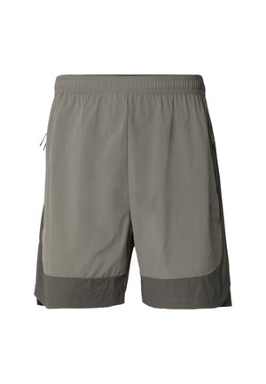 Szare szorty z elastycznym pasem i bocznymi kieszeniami, z ciemniejszym szarym akcentem na dole oraz gładką, lekką fakturą.