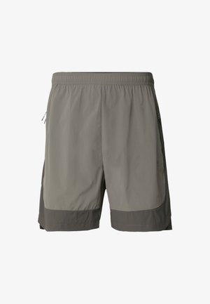 Szare szorty z elastycznym pasem i bocznymi kieszeniami, z ciemniejszym szarym akcentem na dole oraz gładką, lekką fakturą.