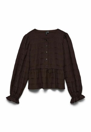 Blouse marron foncé à manches longues avec encolure ronde, fermeture à boutons sur le devant, motif à petits carreaux subtil, taille froncée et poignets à volants.