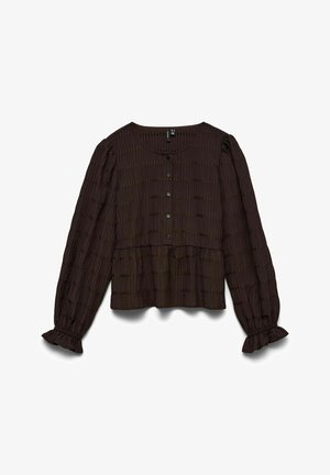 Ciemnobrązowa bluzka z długim rękawem, okrągłym dekoltem, guzikiem z przodu, subtelnym wzorem w kratę, marszczoną talią i falbankami na mankietach.