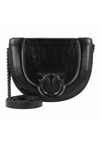 Borsa a tracolla in pelle nera con forma arrotondata, finitura testurizzata, tracolla intrecciata e dettaglio in metallo notevole sul davanti.