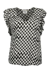 Top a V con scollo a V bianco e nero con un motivo ondulato, maniche corte arricciate e una vestibilità rilassata in un tessuto strutturato.
