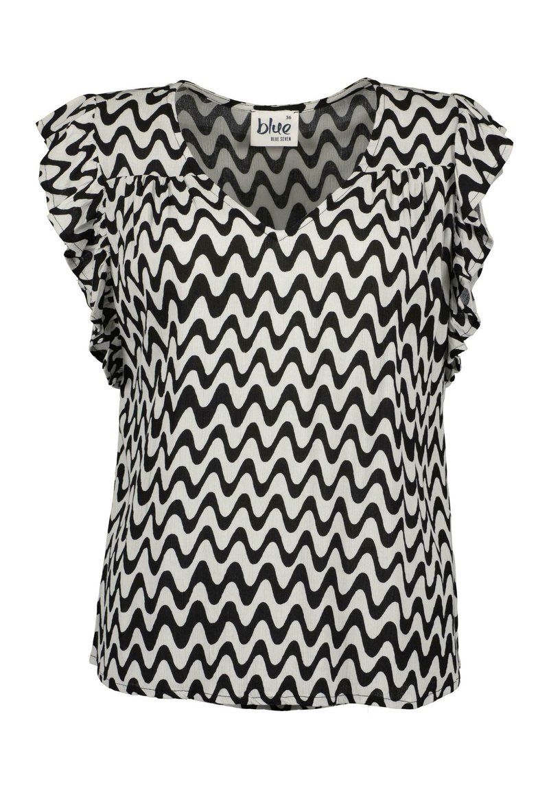 Top a V con scollo a V bianco e nero con un motivo ondulato, maniche corte arricciate e una vestibilità rilassata in un tessuto strutturato.