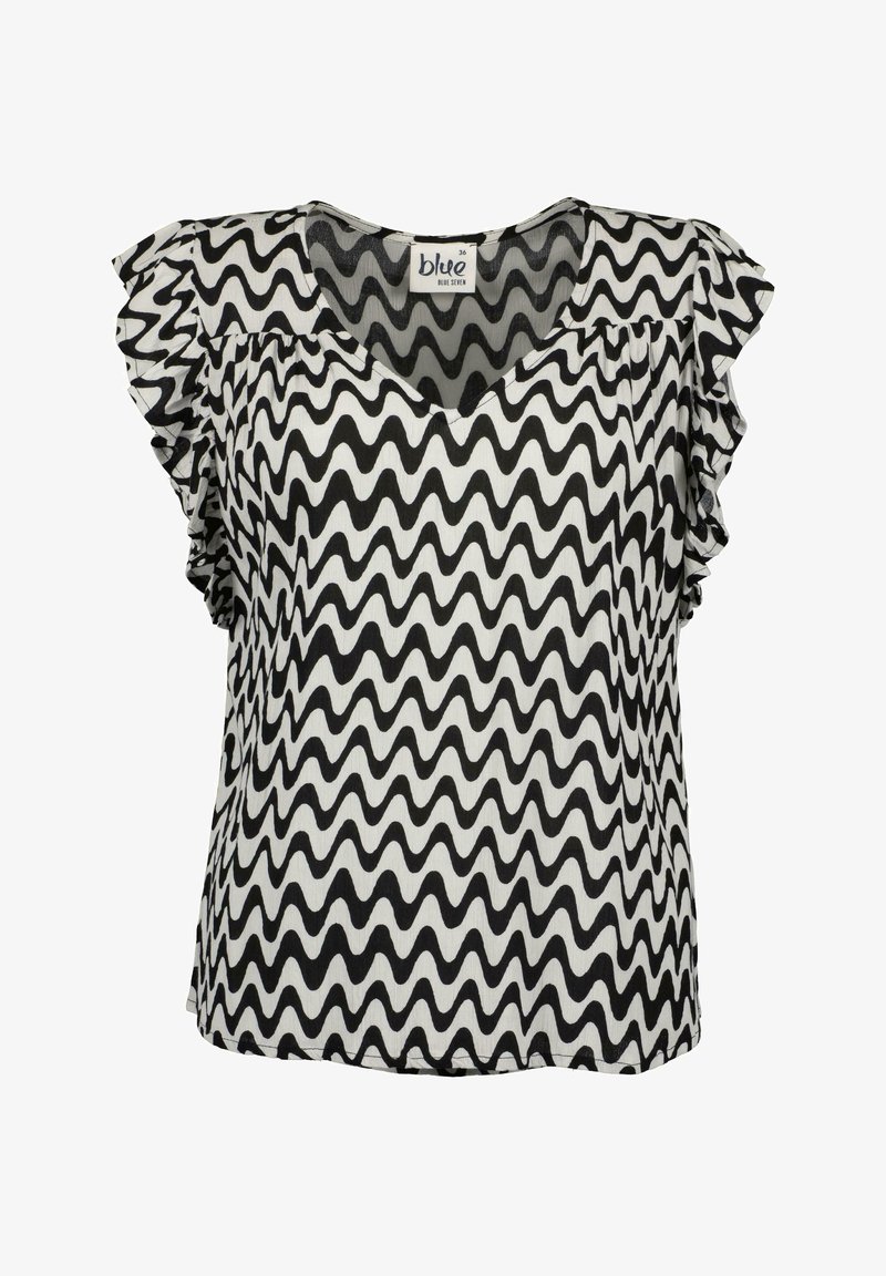 Top a V con scollo a V bianco e nero con un motivo ondulato, maniche corte arricciate e una vestibilità rilassata in un tessuto strutturato.