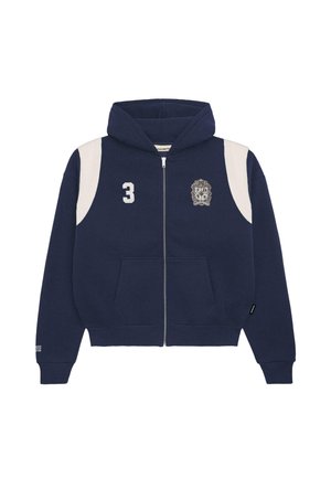 Marineblaues Zip-Hoodie aus Baumwollmischung. Mit weißen Schulterakzenten, bedruckter Nummer '3' und Logo auf der linken Brust. Inklusive Fronttaschen.
